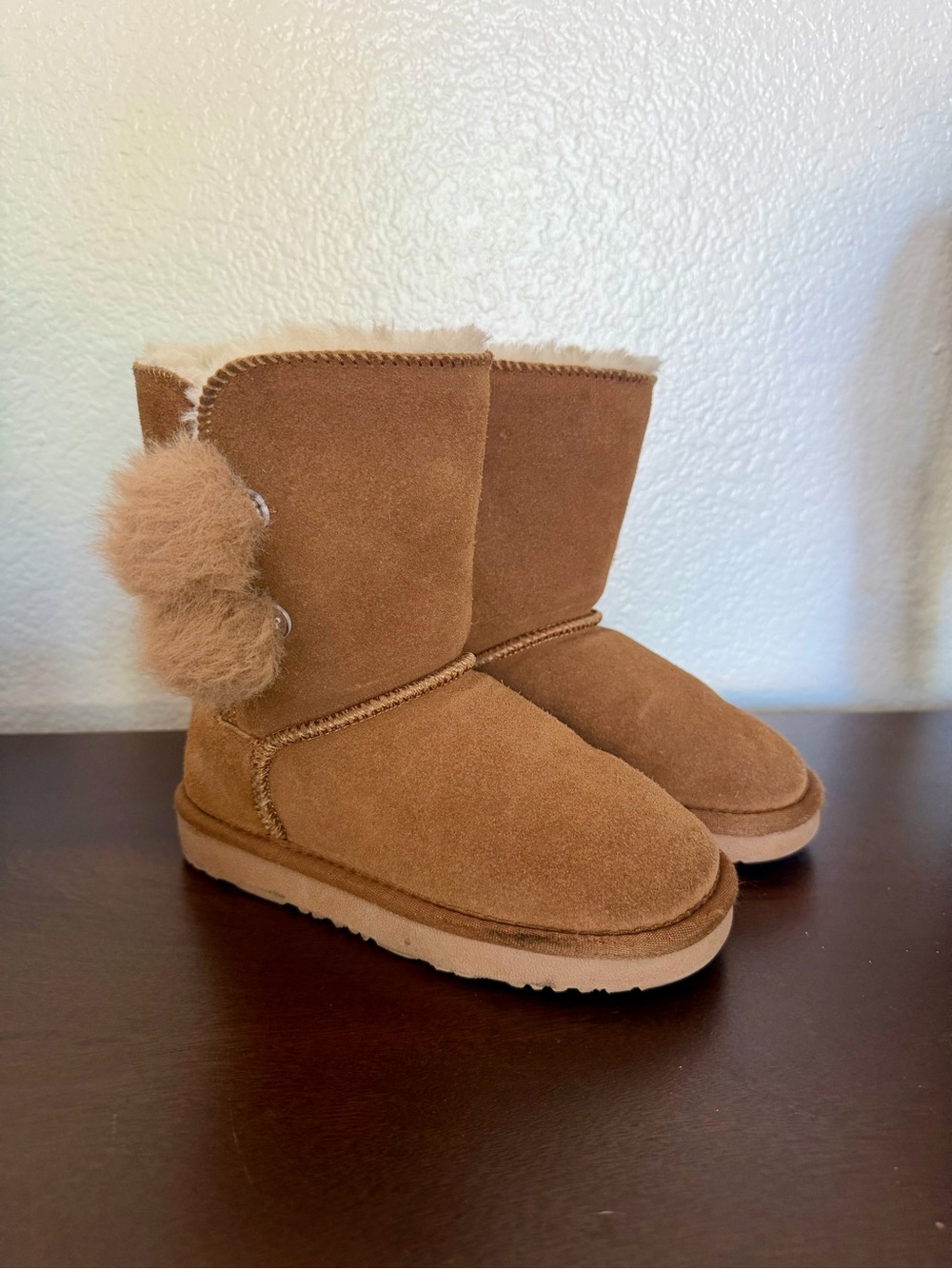 DreamPairs Chestnut Boots Kids Size 12 Fur Pom Trim Suede